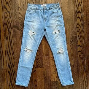Stradivarius Distressed Mom‎ Jeans High Waist Ripped Denim Light Wash Size 02